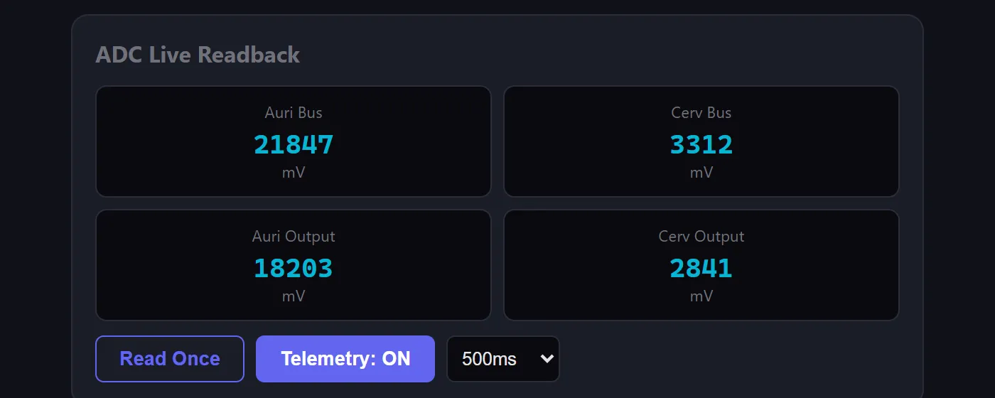 ADC Live Readback — 4-channel telemetry with configurable intervals