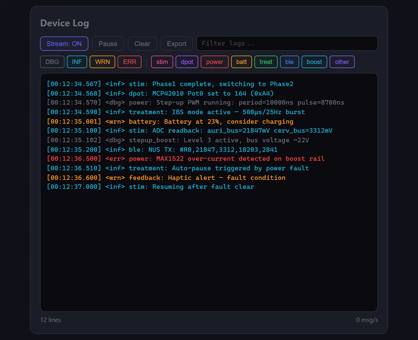 Device Log — color-coded log viewer with level and module filters