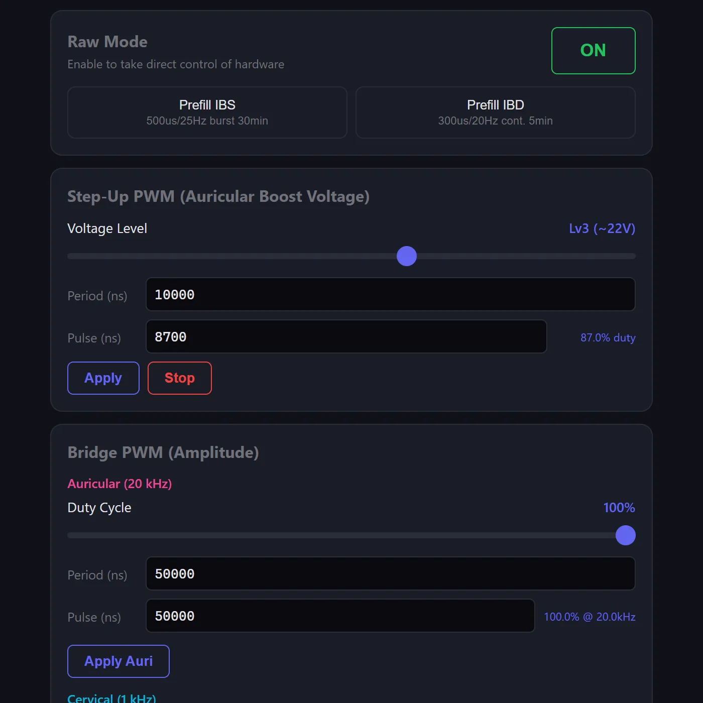 Raw Mode — PWM control, voltage levels, bridge duty cycle