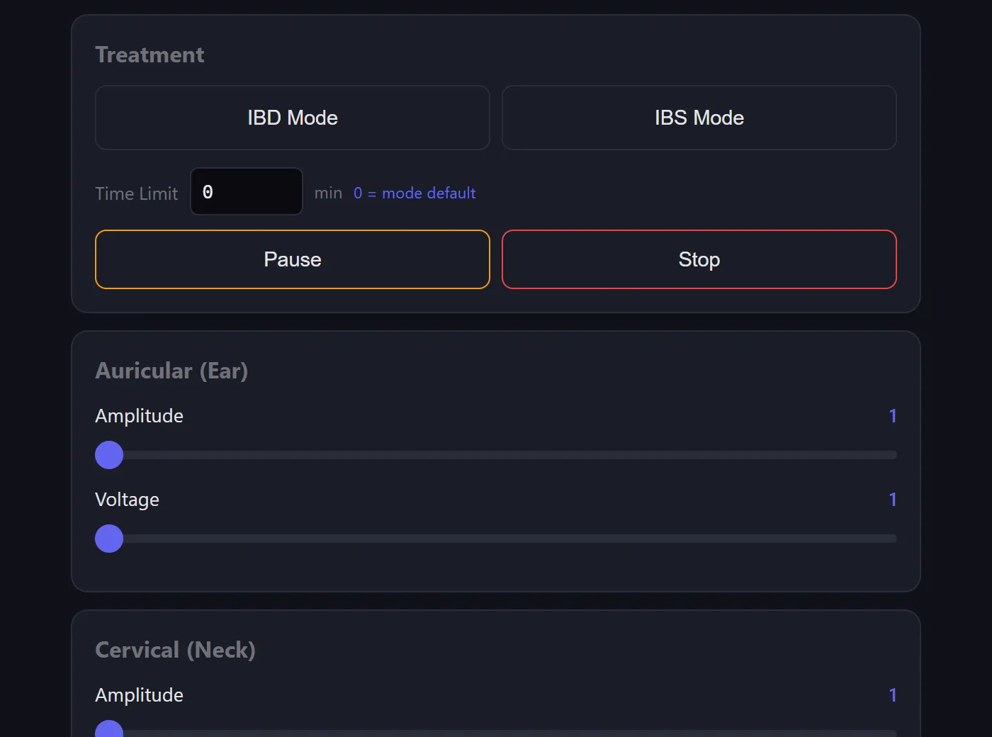 Simple Mode — treatment selection, amplitude sliders, pause/stop controls