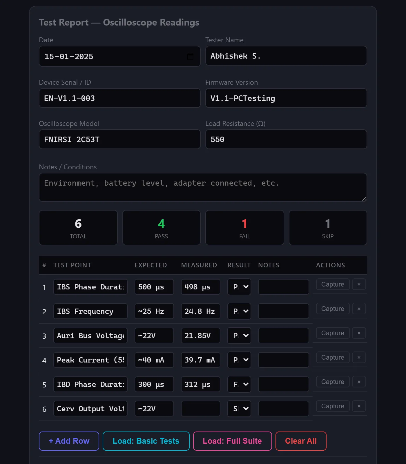 Test Report — pre-loaded test suites with pass/fail tracking and export