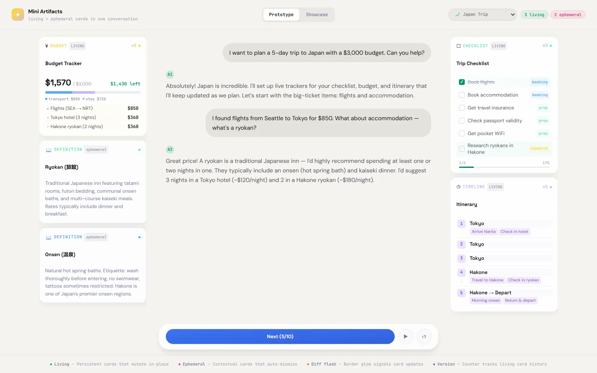 Ephemeral cards providing contextual definitions
