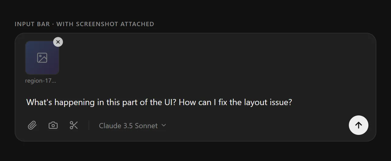 Input bar with screenshot thumbnail and text prompt ready to send